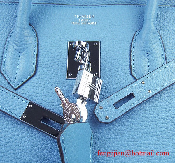 Hermes 35cm Embossed Veins Leather Bag Light Blue 6089 Silver Hardware